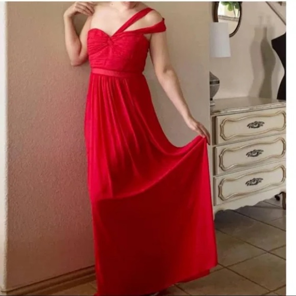 NWT BCBG MAXAZRIA Floor Length One Shoulder Chiffon Gown. Red Berry| Size: 12